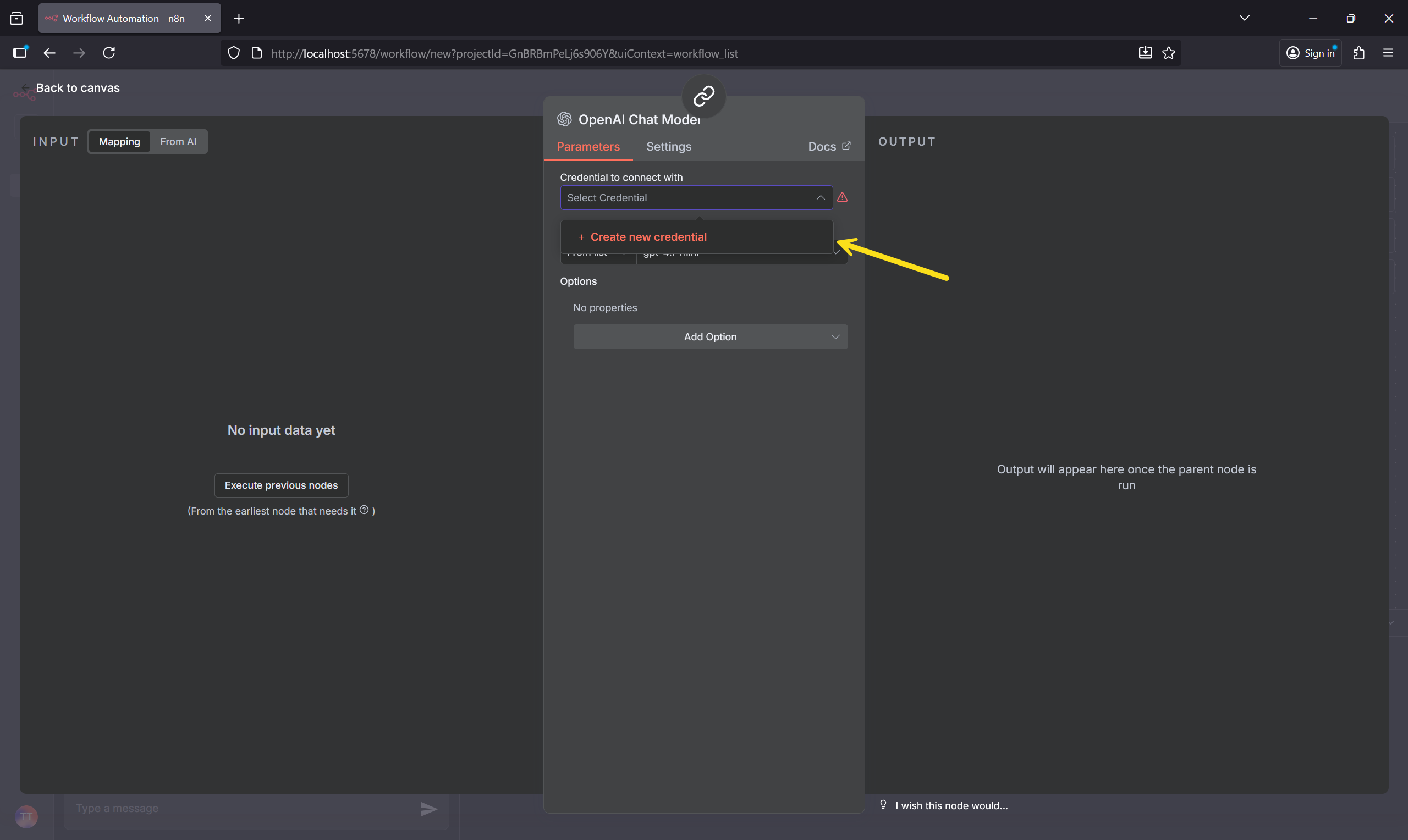 ساخت Credential تازه برای نود OpenAI در n8n