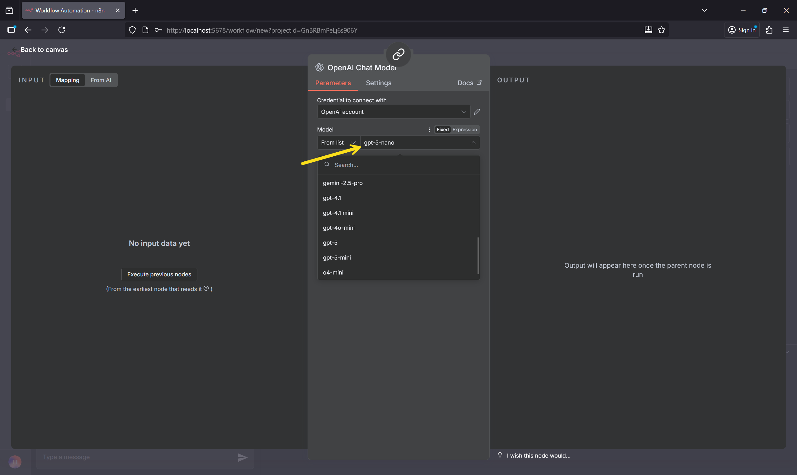 انتخاب مدل در نود OpenAI Chat Model