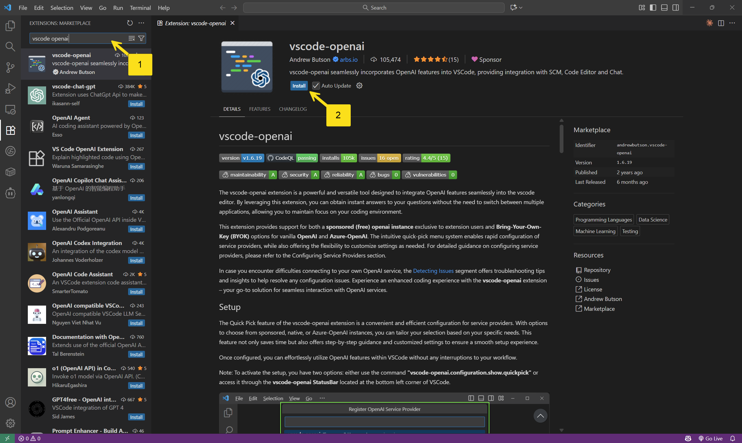 نصب افزونه vscode-openai از بخش افزونههای VS Code
