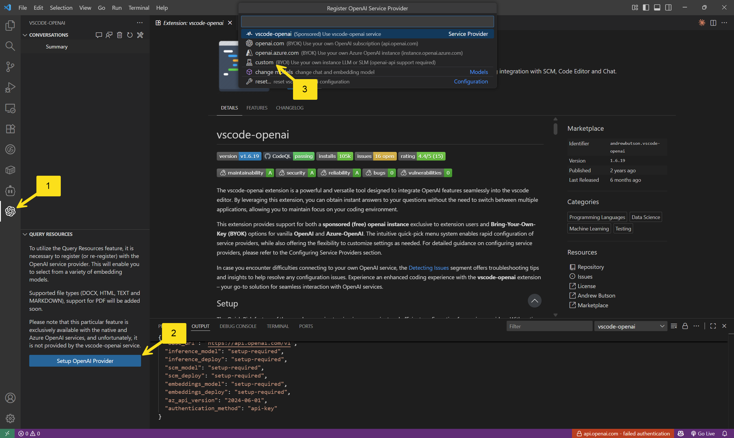 گزینه Setup OpenAI Provider در افزونه vscode-openai